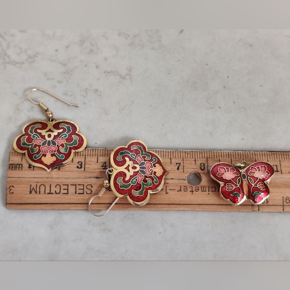 Vintage Cloisonne Enamel Earrings & Butterfly 🦋 Pendant Set - Picture 13 of 13